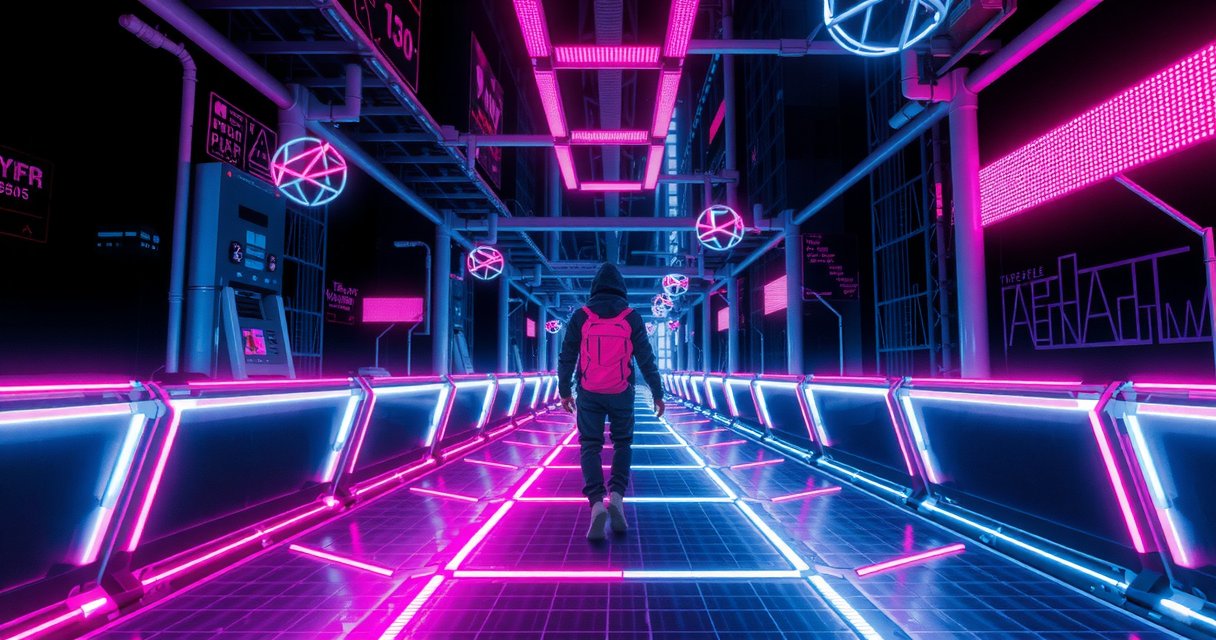 Cyberpunk digital explorer lost in neon maze, representing page not found in mobile game development context