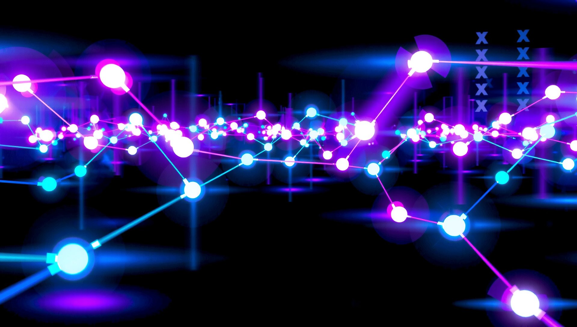 Abstract glowing neon particles forming a futuristic network, symbolizing creative connections in game development